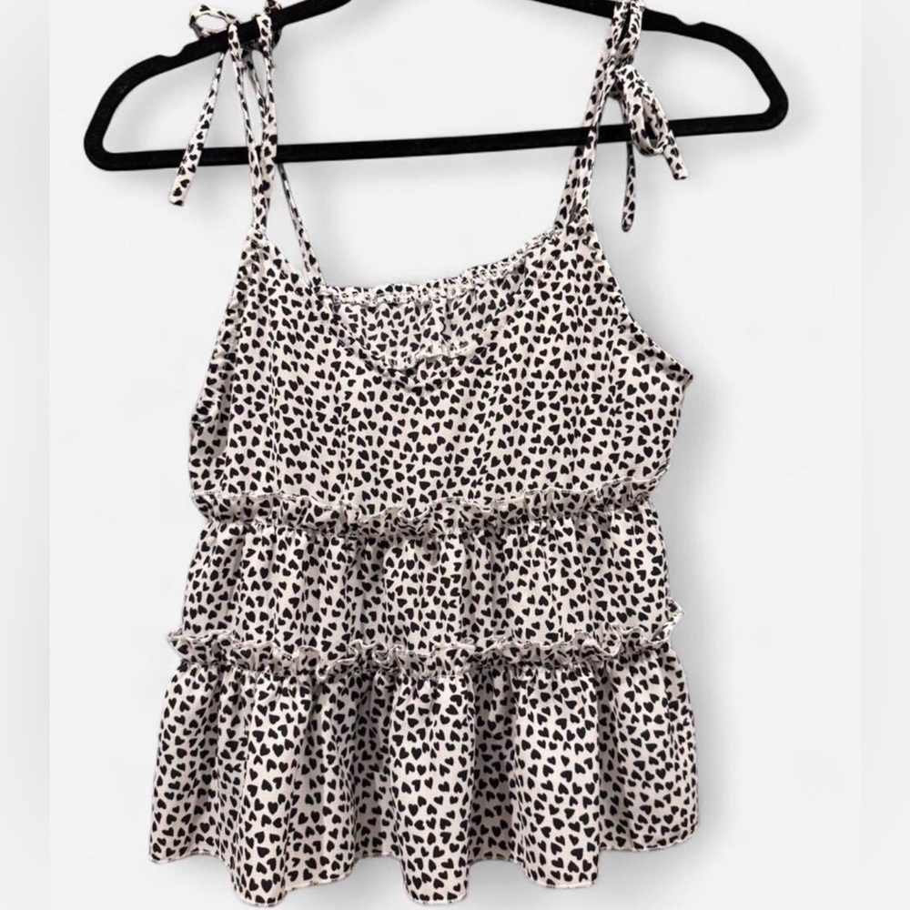 Shein Heart Print Ruffle Tie Strap Babydoll Tank Top Size S